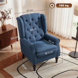 Accent Armchair Home Furniture Retro Tufted Club Wood Fabric Blue - thumbnail 3