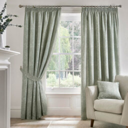 Dreams & Drapes Aveline 100% Cotton Pair Of Green Pencil Pleat Curtains With Tie-Backs