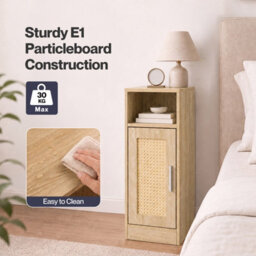 Levede Bedside Table 2 Pcs Slim Bedside Table With Storage Rattan Door Wood - thumbnail 8