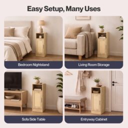 Levede Bedside Table 2 Pcs Slim Bedside Table With Storage Rattan Door Wood - thumbnail 9