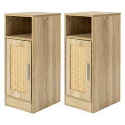 Levede Bedside Table 2 Pcs Slim Bedside Table With Storage Rattan Door Wood - thumbnail 2