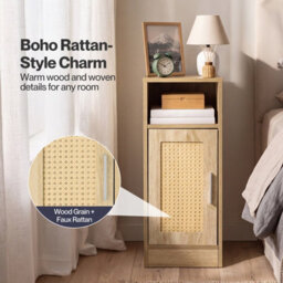 Levede Bedside Table 2 Pcs Slim Bedside Table With Storage Rattan Door Wood - thumbnail 7