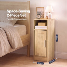 Levede Bedside Table 2 Pcs Slim Bedside Table With Storage Rattan Door Wood - thumbnail 5