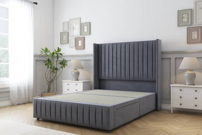 "Sloomy Marlborough Steel Plush Divan Bed Base No Drawers-54"" Wingback Headboard & 12"" Footboard 4'6 Double" - image 1