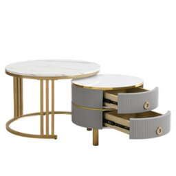 Btm 2-In-1 Mdf Round Coffee Table, Glossy White Marble Top, 2 Drawers, White & Grey, Living Room Set - thumbnail 4