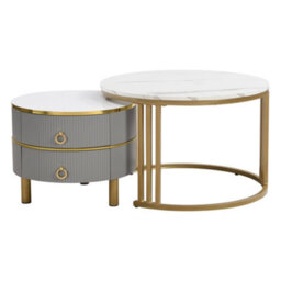 Btm 2-In-1 Mdf Round Coffee Table, Glossy White Marble Top, 2 Drawers, White & Grey, Living Room Set - thumbnail 5