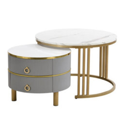 Btm 2-In-1 Mdf Round Coffee Table, Glossy White Marble Top, 2 Drawers, White & Grey, Living Room Set - thumbnail 6