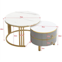 Btm 2-In-1 Mdf Round Coffee Table, Glossy White Marble Top, 2 Drawers, White & Grey, Living Room Set - thumbnail 7