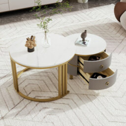 Btm 2-In-1 Mdf Round Coffee Table, Glossy White Marble Top, 2 Drawers, White & Grey, Living Room Set