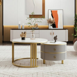 Btm 2-In-1 Mdf Round Coffee Table, Glossy White Marble Top, 2 Drawers, White & Grey, Living Room Set - thumbnail 2