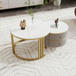 Btm 2-In-1 Mdf Round Coffee Table, Glossy White Marble Top, 2 Drawers, White & Grey, Living Room Set - thumbnail 3