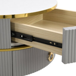 Btm 2-In-1 Mdf Round Coffee Table, Glossy White Marble Top, 2 Drawers, White & Grey, Living Room Set - thumbnail 8