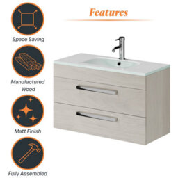 Plum&clay Novela Light Wood Wall Hung Vanity Unit With Glass Basin Bathroom Furniture (W)800mm - thumbnail 5