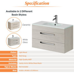 Plum&clay Novela Light Wood Wall Hung Vanity Unit With Glass Basin Bathroom Furniture (W)800mm - thumbnail 4