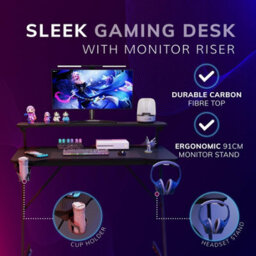 House Of Home Gaming Desk With Monitor Stand Carbon Fibre Top Black 80Cm - thumbnail 3