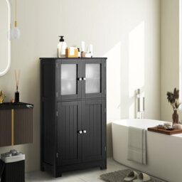 Costway Bathroom Floor Cabinet Freestanding Storage Cupboard W/ 2 Tempered Glass Doors - thumbnail 1