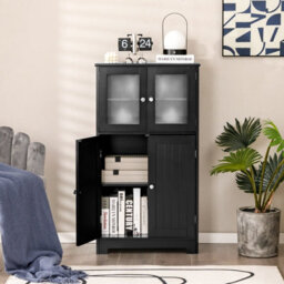 Costway Bathroom Floor Cabinet Freestanding Storage Cupboard W/ 2 Tempered Glass Doors - thumbnail 4