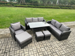 Fimous 10 Seater Outdoor Rattan Garden Furniture Set Oblong Dining Table And Chairs Set With 3 Seater Sofa 3Pc Footstools - thumbnail 2