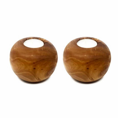 Verano Spanish Ceramics Olive Wood Natural Grained Home Décor Set Of 2 Rustic Tea Light Balls (H) 8.5Cm - image 1