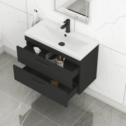 Royal Bathrooms Turin 800mm Wall Hung Vanity Unit Matt Black 2 Drawer Mid-Edge Basin With Matt Black Handles - thumbnail 5