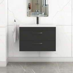 Royal Bathrooms Turin 800mm Wall Hung Vanity Unit Matt Black 2 Drawer Mid-Edge Basin With Matt Black Handles - thumbnail 1