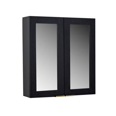 Homestylestore 600 X 650mm Black Grey Wall Mounted Mirrored Door Bathroom Cabinet And Brushed Brass Finger Pull Handles - image 1