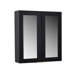 Homestylestore 600 X 650mm Black Grey Wall Mounted Mirrored Door Bathroom Cabinet And Brushed Brass Finger Pull Handles