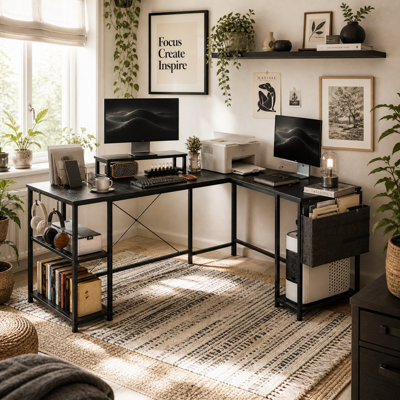 Wyld Haus Kadoso 168Cm Black Reversible Industrial L-Shaped Desk With Adjustable Shelves And Monitor Stand - image 1