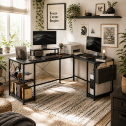 Wyld Haus Kadoso 168Cm Black Reversible Industrial L-Shaped Desk With Adjustable Shelves And Monitor Stand - thumbnail 1