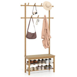 Gainoom Natural Bamboo Coat Rack Pe Rattan Hall Tree With Bench & Shoe Storage