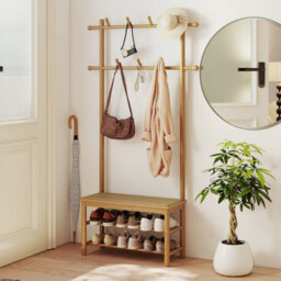 Gainoom Natural Bamboo Coat Rack Pe Rattan Hall Tree With Bench & Shoe Storage - thumbnail 4