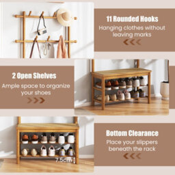 Gainoom Natural Bamboo Coat Rack Pe Rattan Hall Tree With Bench & Shoe Storage - thumbnail 9