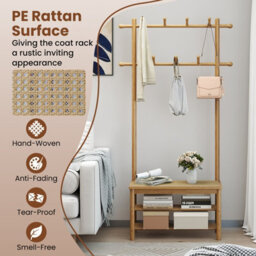 Gainoom Natural Bamboo Coat Rack Pe Rattan Hall Tree With Bench & Shoe Storage - thumbnail 6