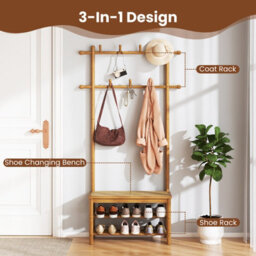 Gainoom Natural Bamboo Coat Rack Pe Rattan Hall Tree With Bench & Shoe Storage - thumbnail 7