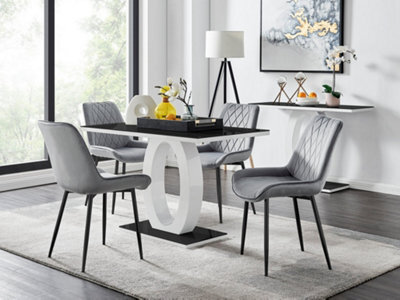 Furniturebox Giovani Rectangular 4 Seat White High Gloss Unique Halo Base Dining Table Black Glass Top 4 Grey Velvet Black Leg Pesaro Chairs - image 1
