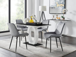 Furniturebox Giovani Rectangular 4 Seat White High Gloss Unique Halo Base Dining Table Black Glass Top 4 Grey Velvet Black Leg Pesaro Chairs - thumbnail 1