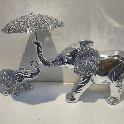 Biznest Crushed Jewel Elephant With Umbrella & Baby Elephant Beautiful Decorative Shelf Ornament Sparkle