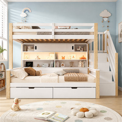 Btm 3Ft Single Bunk Bed 90 X 190 Cm With Storage Stairs 2 Drawers Shelves Led Lights Usb Charging White Natural - image 1