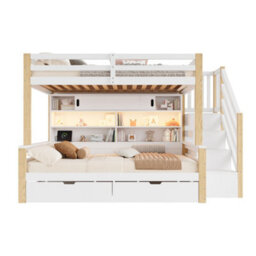 Btm 3Ft Single Bunk Bed 90 X 190 Cm With Storage Stairs 2 Drawers Shelves Led Lights Usb Charging White Natural - thumbnail 9