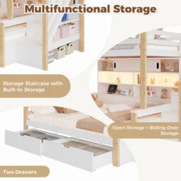 Btm 3Ft Single Bunk Bed 90 X 190 Cm With Storage Stairs 2 Drawers Shelves Led Lights Usb Charging White Natural - thumbnail 5