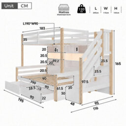 Btm 3Ft Single Bunk Bed 90 X 190 Cm With Storage Stairs 2 Drawers Shelves Led Lights Usb Charging White Natural - thumbnail 4