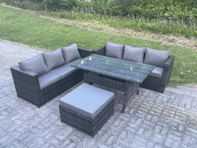 Fimous Pe Wicker Outdoor Garden Furniture Set Patio Rattan Rectangular Dining Table Lounge Sofa With Big Footstool 7 Seater - image 1