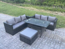 Fimous Pe Wicker Outdoor Garden Furniture Set Patio Rattan Rectangular Dining Table Lounge Sofa With Big Footstool 7 Seater - thumbnail 2