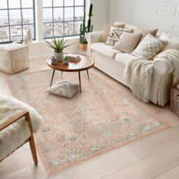 Maia Washable Low Pile Non Slip Blossom Traditional Area Rug - Coral, 200 X 300 Cm (Rectangular)