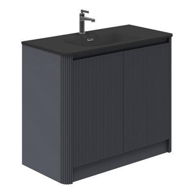 Plum&clay Isla Ribbed Fluted Grey Freestanding Bathroom Vanity Unit & Black Basin Set (W)1000mm - image 1