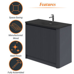 Plum&clay Isla Ribbed Fluted Grey Freestanding Bathroom Vanity Unit & Black Basin Set (W)1000mm - thumbnail 6