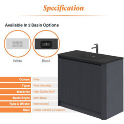 Plum&clay Isla Ribbed Fluted Grey Freestanding Bathroom Vanity Unit & Black Basin Set (W)1000mm - thumbnail 5