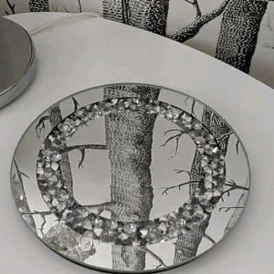 Biznest Round Diamante Mirrored Crystal Candle Plate Candle Holder Loose Jewel Candle Holder 25Cm
