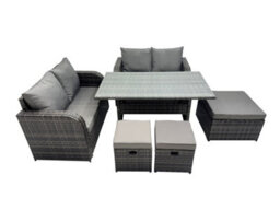 Fimous Wicker Pe Rattan Garden Outdoor Furniture Set Love Sofa Dining Table Sets With 3 Stools Dark Grey Mixed - thumbnail 1