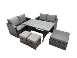 Fimous Wicker Pe Rattan Garden Outdoor Furniture Set Love Sofa Dining Table Sets With 3 Stools Dark Grey Mixed - thumbnail 2